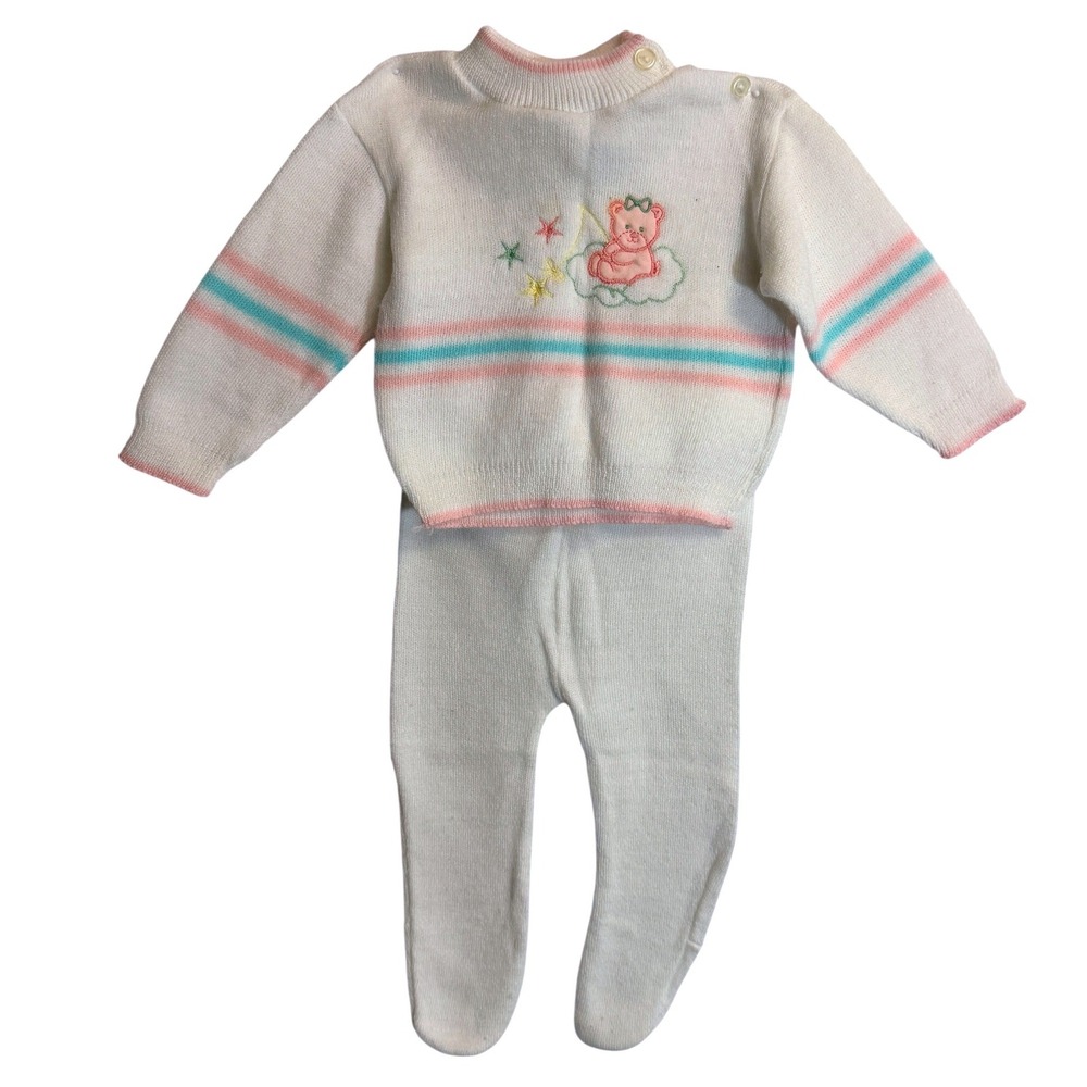 Childwise Vintage 3M Baby Knit Sweater Set White Pink Teddy‎ Bear Footed Pants